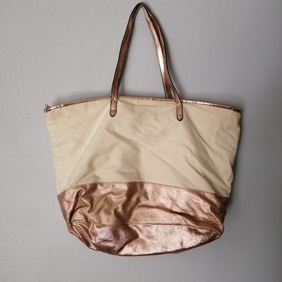 Victoria's Secret Purse Womens Tote Bag Ivory Pink Metallic Zip Double Straps XL - Picture 2 of 9